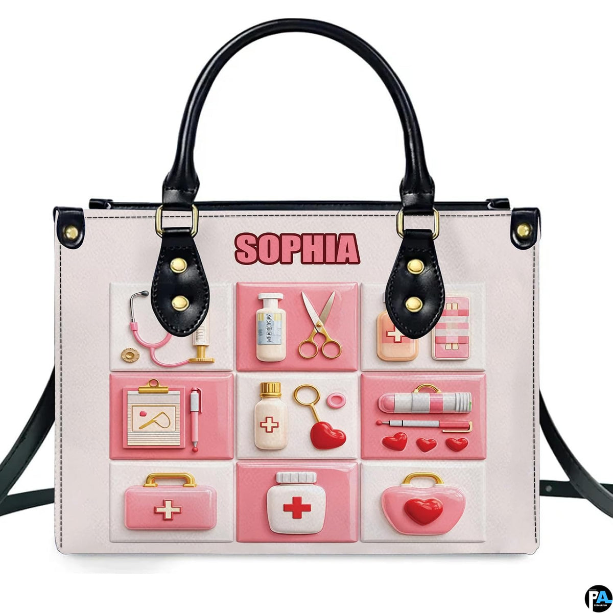 Pink and white 3D medical bento grid with stethoscope and kit cases on structured handbag.