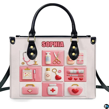 Pink and white 3D medical bento grid with stethoscope and kit cases on structured handbag.