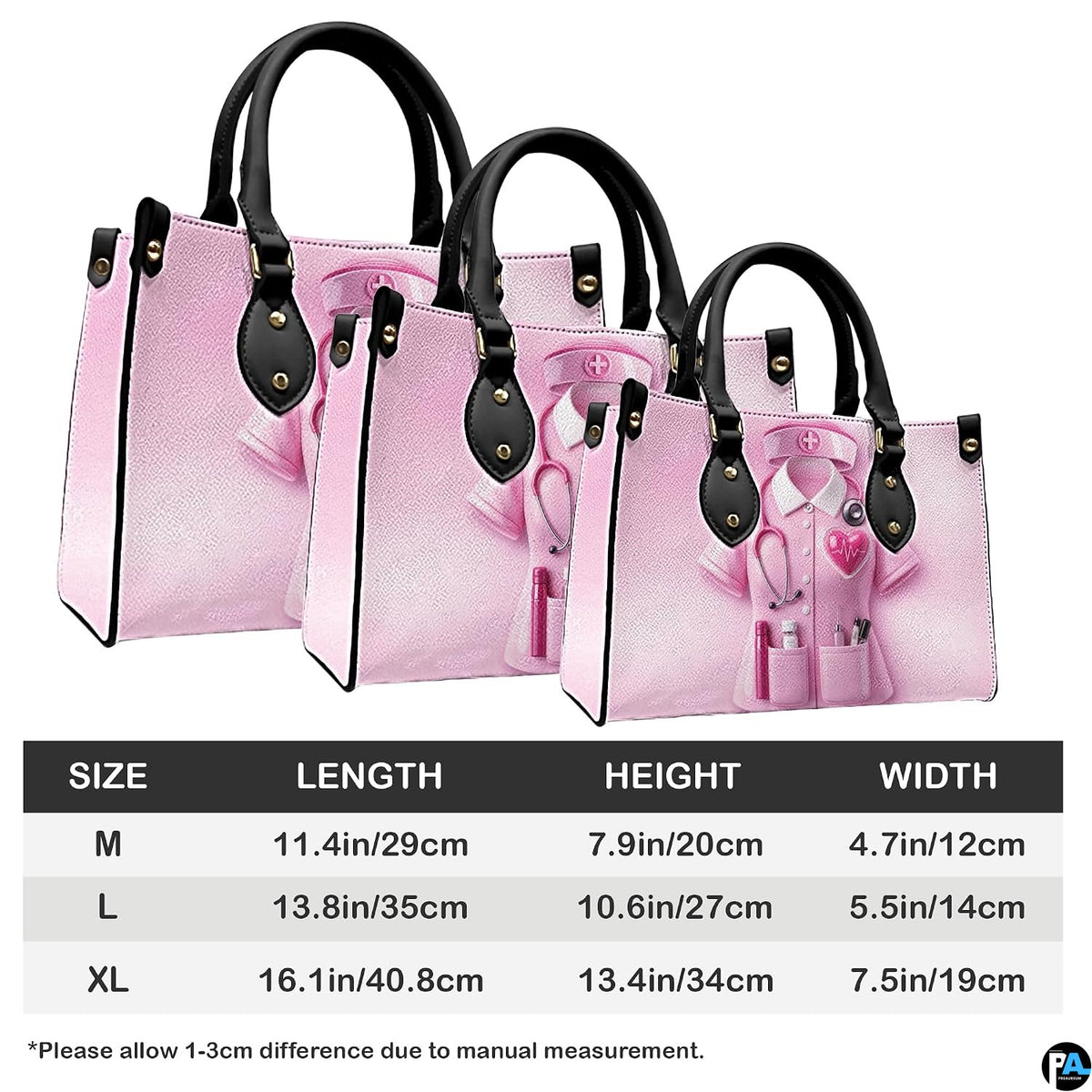 Bottom view of pink nurse handbag showing flat rectangular base