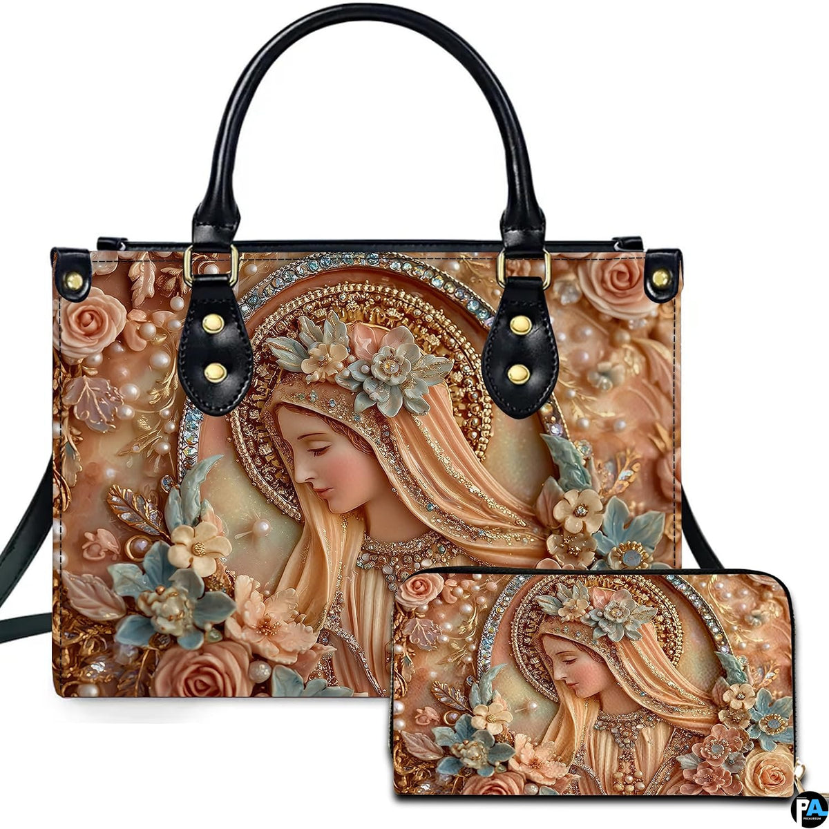 Porcelain relief Virgin Mary handbag featuring sculpted pastel flowers and beaded halo.