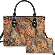 Porcelain relief Virgin Mary handbag featuring sculpted pastel flowers and beaded halo.