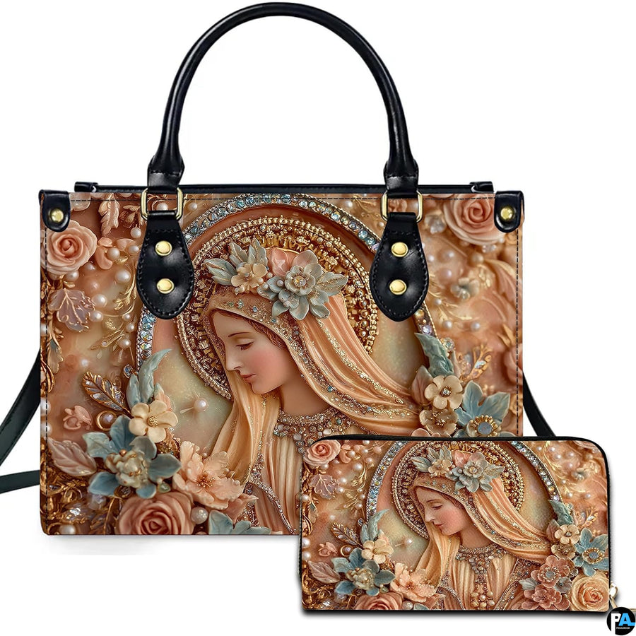 Porcelain relief Virgin Mary handbag featuring sculpted pastel flowers and beaded halo.
