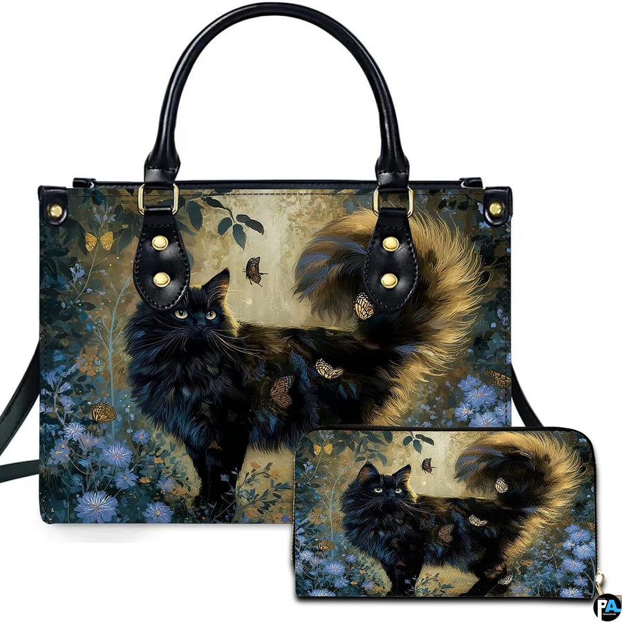 Personalized Gold Tailed Cat and Butterflies Handbag