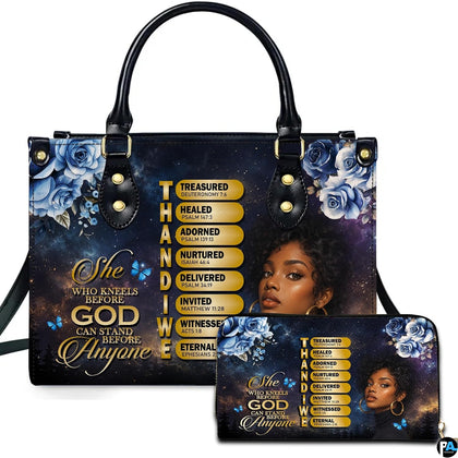 Christian scripture artwork depicting floral bible verse art and golden banners on companion accessories.