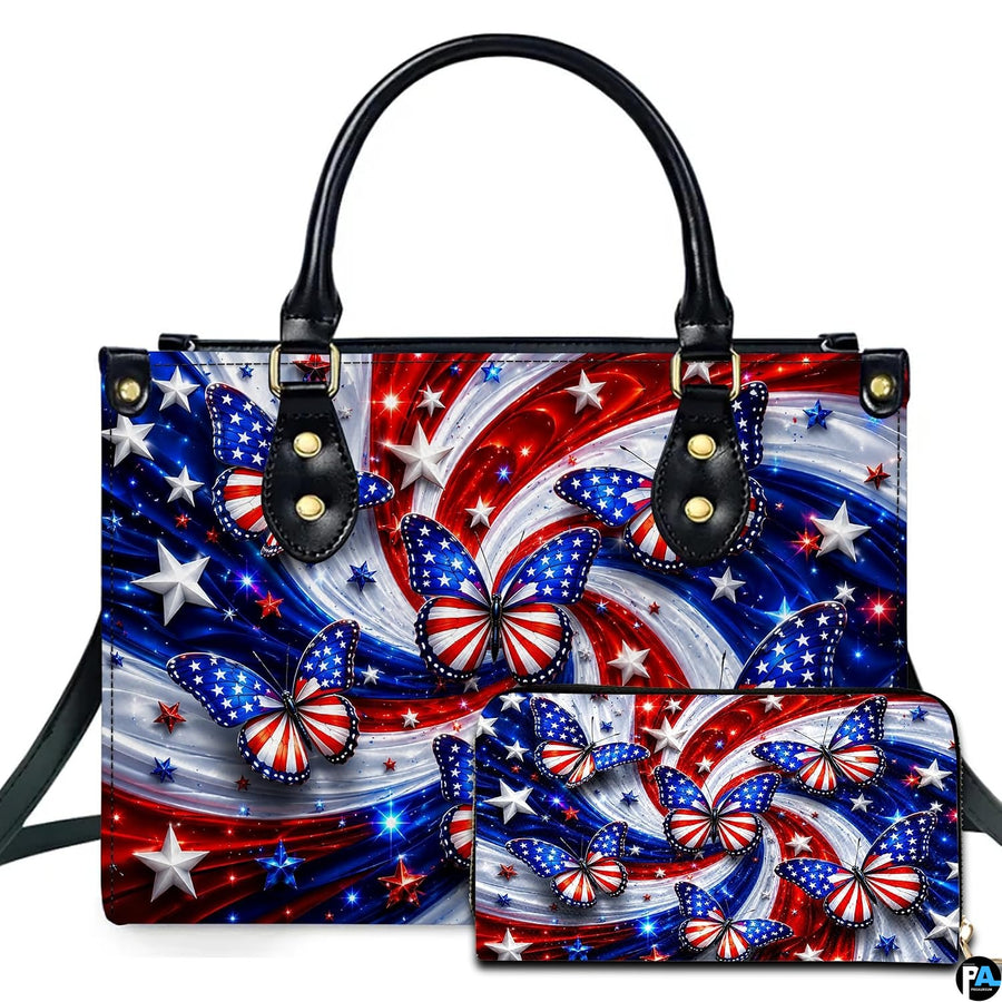 Patriotic flag butterfly handbag and matching wallet set