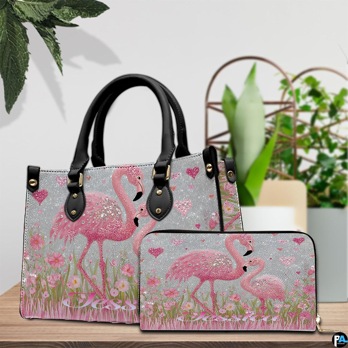 Top view showing zipper closure and interior opening of pink flamingo handbag.