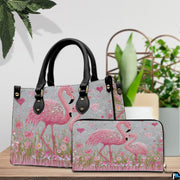 Top view showing zipper closure and interior opening of pink flamingo handbag.