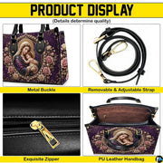 Product display panel showing interior compartment, zipper, and handles of the handbag