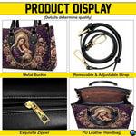 Product display panel showing interior compartment, zipper, and handles of the handbag