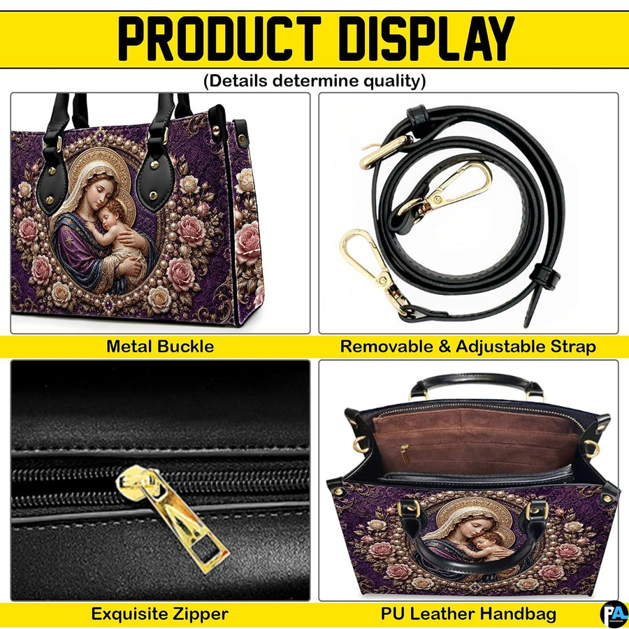 Product display panel showing interior compartment, zipper, and handles of the handbag
