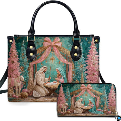 Dual angle view of the Holy Family Nativity artwork with pink trees alongside matching accessory