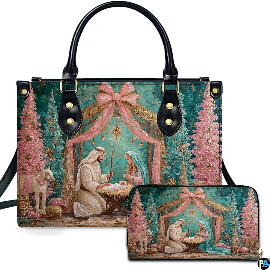 Dual angle view of the Holy Family Nativity artwork with pink trees alongside matching accessory