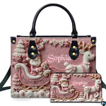 Front view of pastel pink Santa sleigh handbag and matching zip-around wallet.