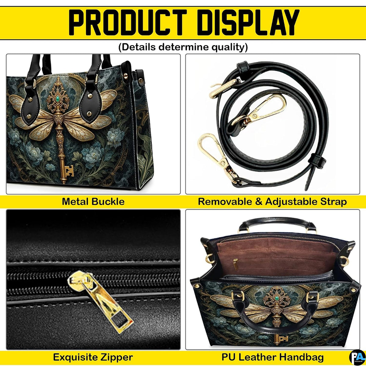 Bottom view of dragonfly key handbag showing protective gold base hardware