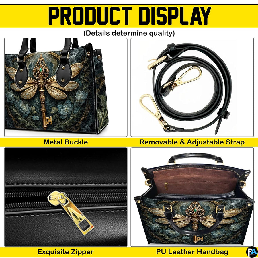 Bottom view of dragonfly key handbag showing protective gold base hardware