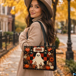 Model carrying the autumn ghost plaid satchel over the shoulder on a tree-lined fall street.