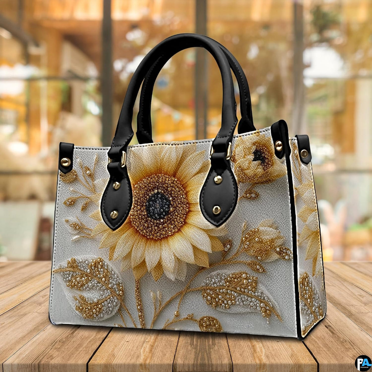 Back view of sunflower handbag displaying continuous light textured background with foliage detailing.