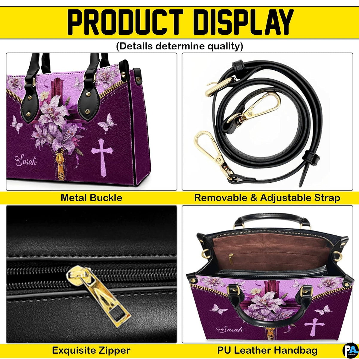 Four-panel showcase illustrating design details, hardware, and interior layout.