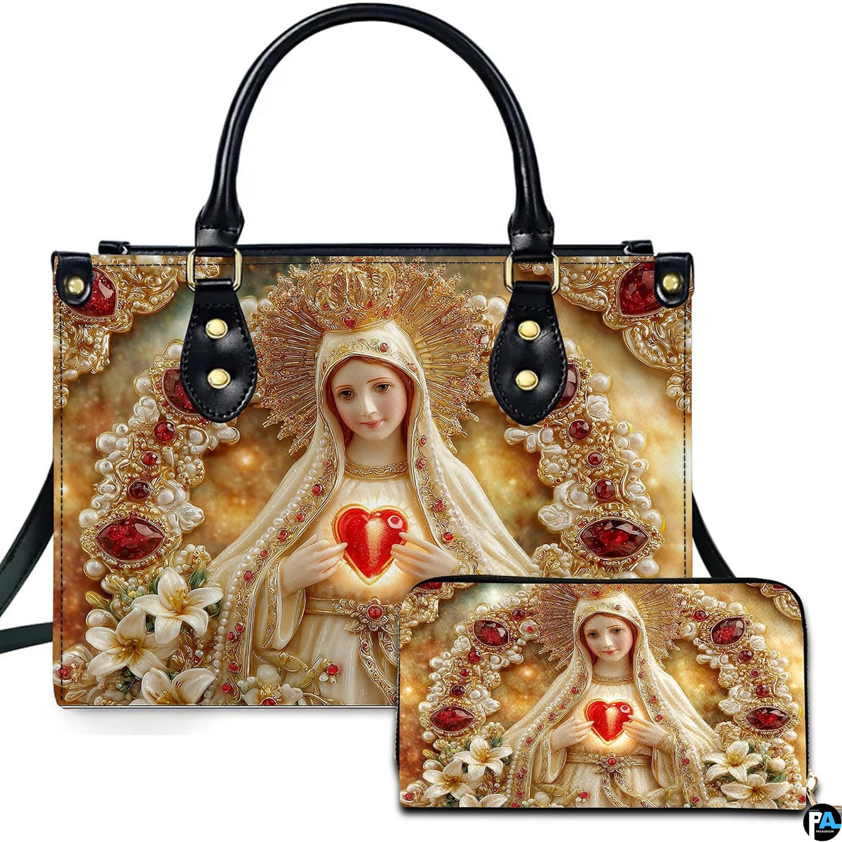 Our Lady of Fatima handbag displaying jeweled relief art with ruby arch and heart.