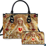 Our Lady of Fatima handbag displaying jeweled relief art with ruby arch and heart.