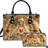 Our Lady of Fatima Jeweled Relief Handbag and Matching Wallet Set