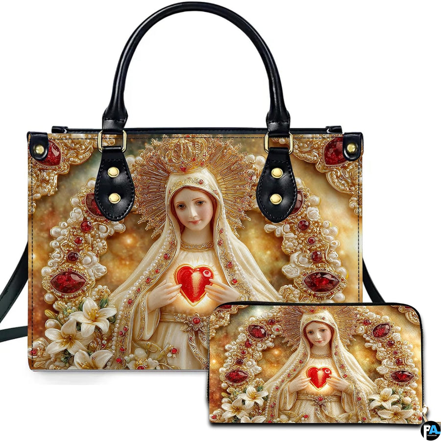 Our Lady of Fatima handbag displaying jeweled relief art with ruby arch and heart.