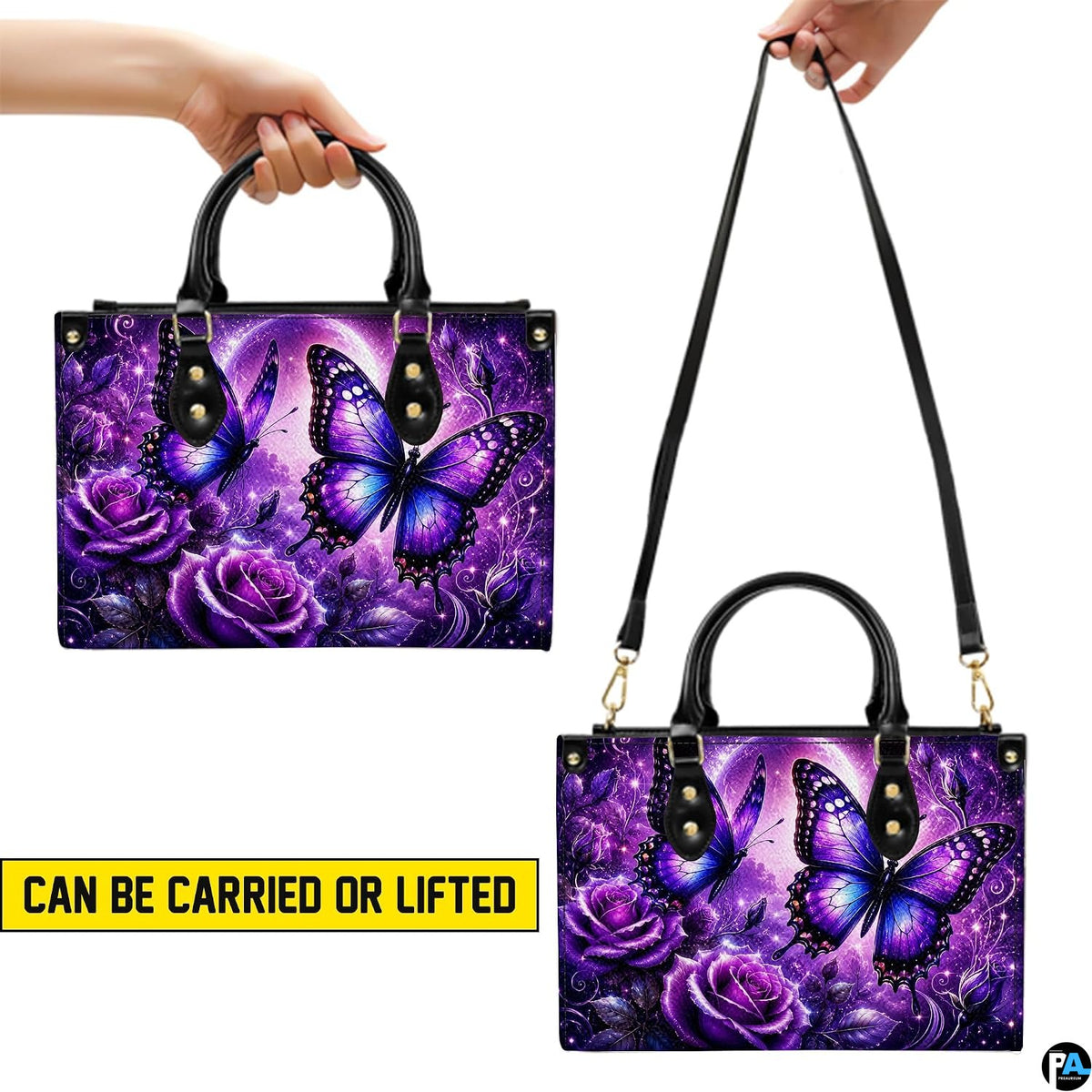 Three-quarter angle view of purple moonlight butterfly handbag set