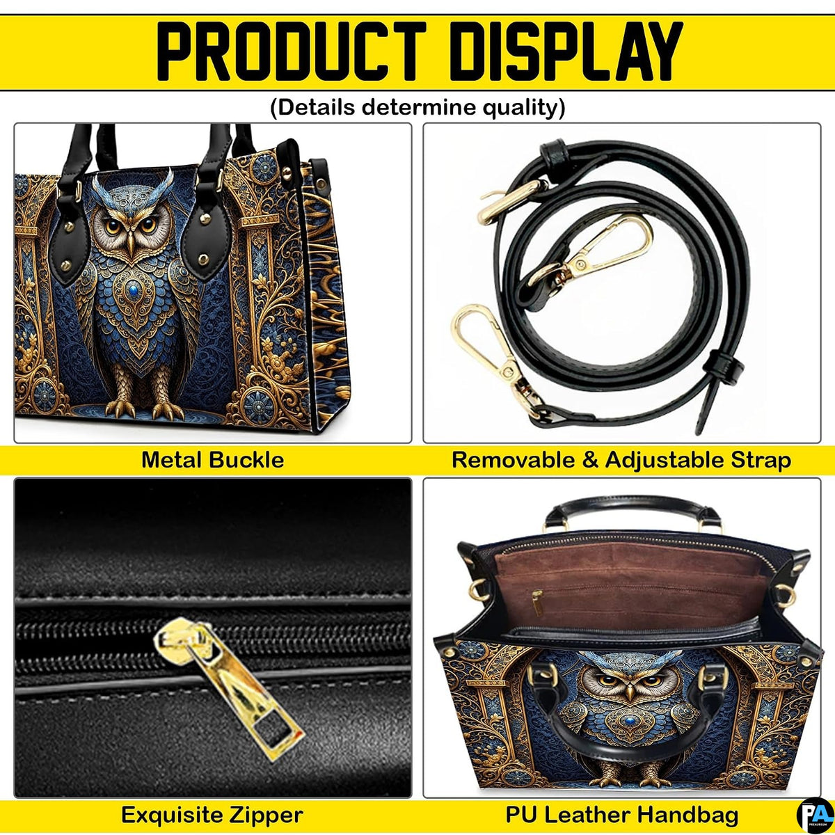 Top view of baroque owl handbag showing zippered top closure and dual structured handles