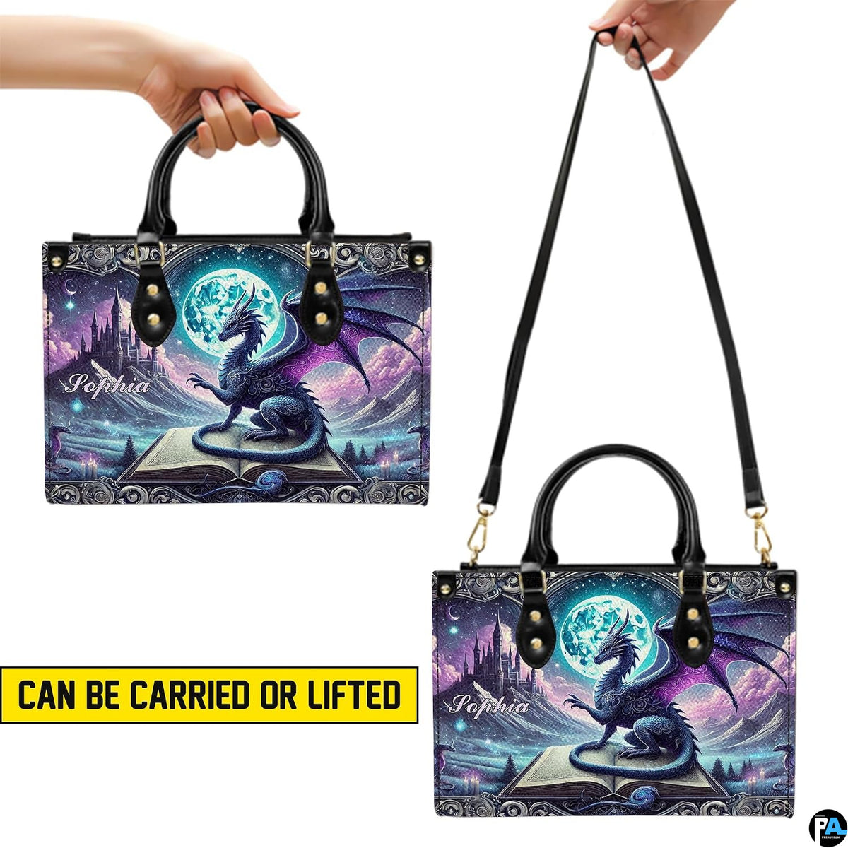 Demonstration of hand-held and shoulder carry options for the gothic dragon handbag.