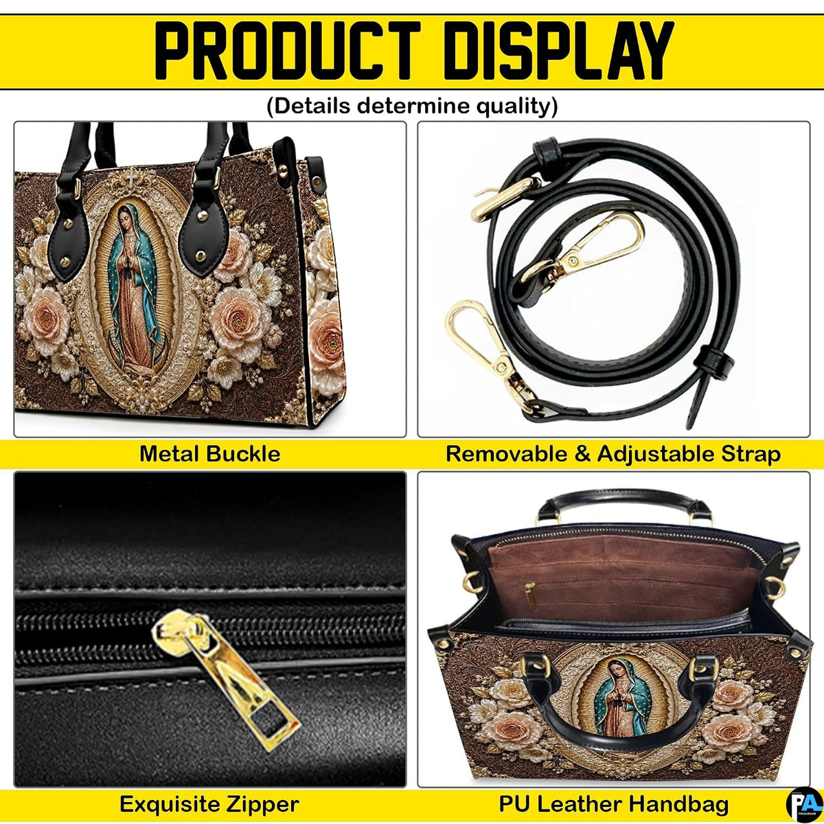 Detailed collage displaying metallic buckle attachments, zipper, and interior compartment