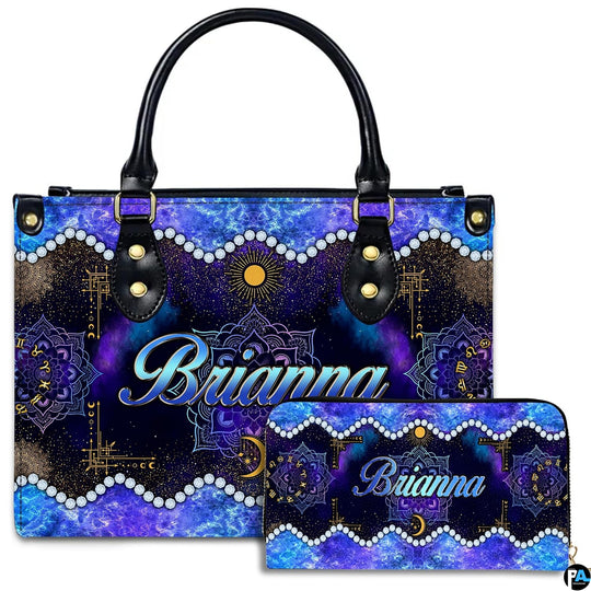 Studio view of Celestial Mandala Satchel Handbag paired with matching companion continental wallet.