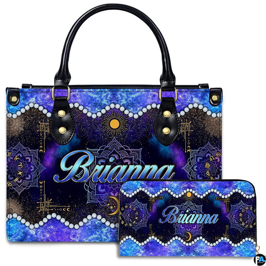 Studio view of Celestial Mandala Satchel Handbag paired with matching companion continental wallet.