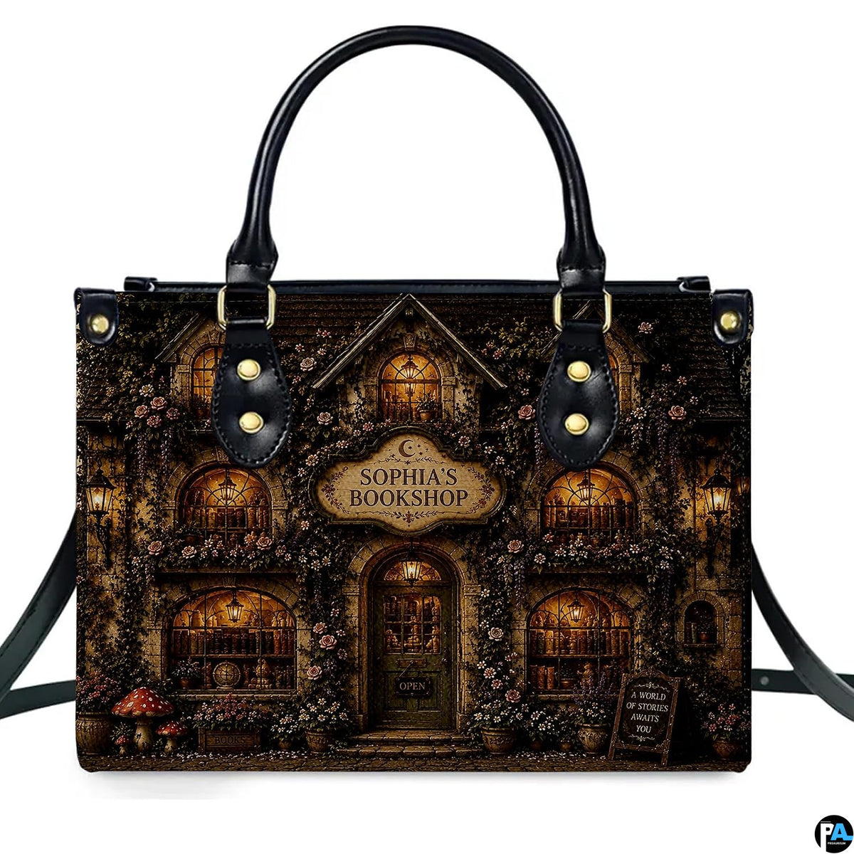 Direct centered view highlighting the bookstore art illustration on the primary accessory.