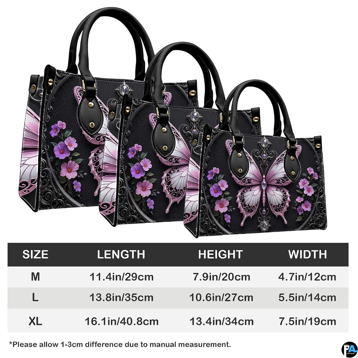 Side profile of gothic butterfly handbag showing continuous floral and filigree pattern along gusset