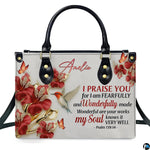 Christian botanical illustration featuring a hovering hummingbird, red hibiscus blooms, and devotional verse lettering.