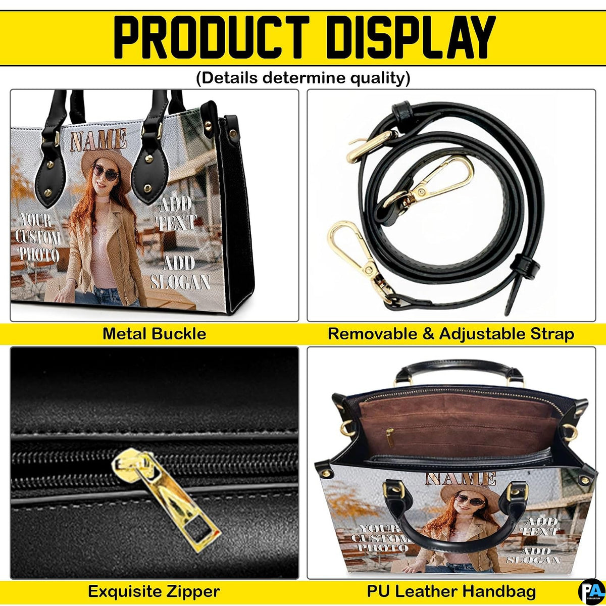 Four-panel showcase illustrating hardware attachments, zipper, and open layout.