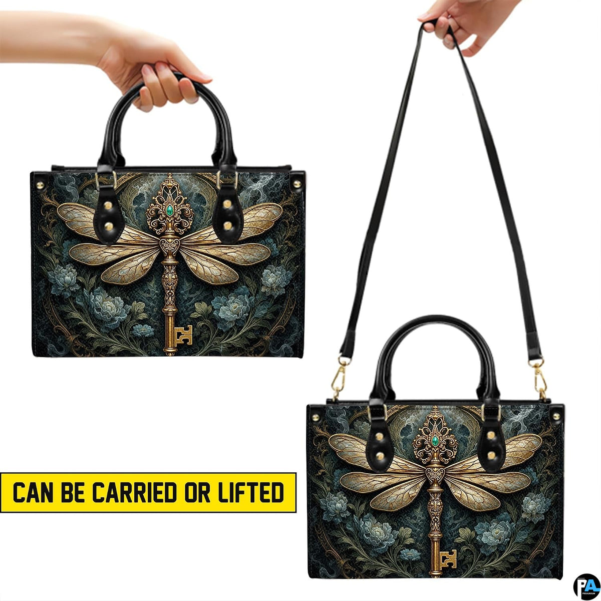 Matching dragonfly skeleton key wallet detailing golden key and teal peonies