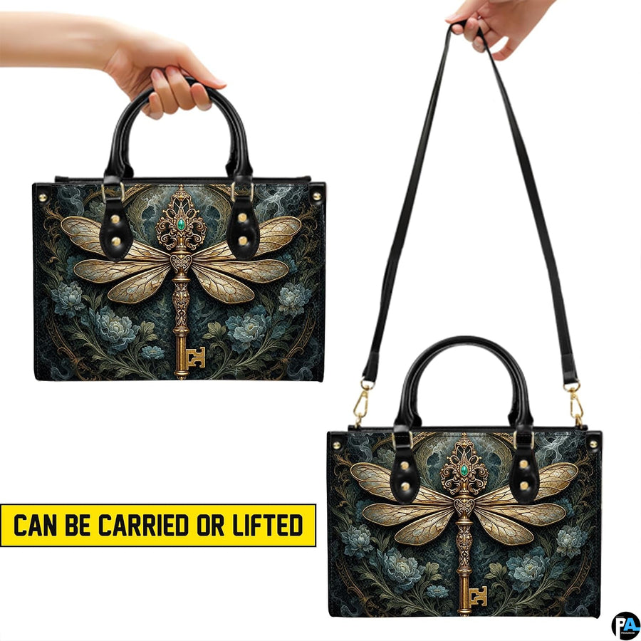 Matching dragonfly skeleton key wallet detailing golden key and teal peonies