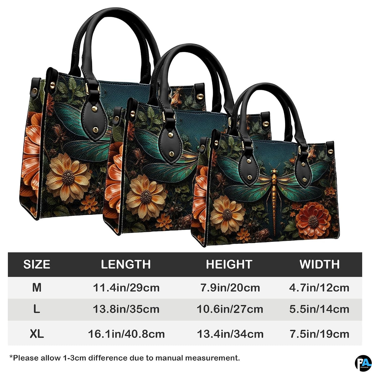 Bottom view of dragonfly handbag showing protective metal feet studs and smooth wrapped edges