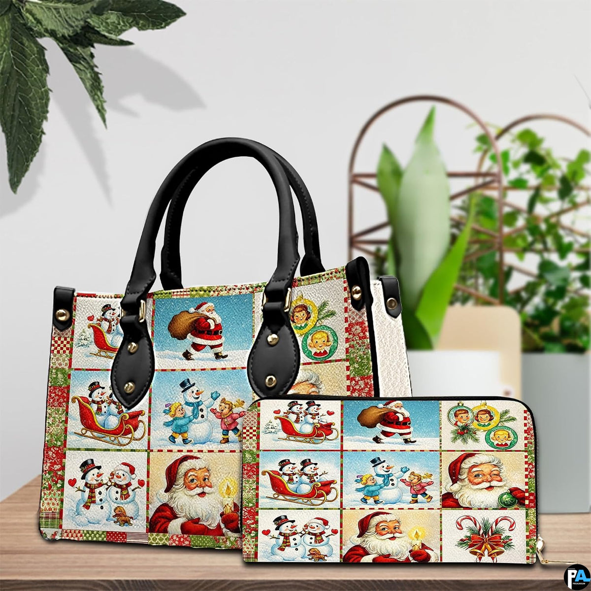 Matching vintage Christmas patchwork handbag and zip-around wallet set on decorative table