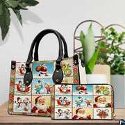 Matching vintage Christmas patchwork handbag and zip-around wallet set on decorative table