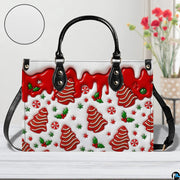 Front perspective of holiday handbag with confectionery gingerbread print alongside close-up texture detail.