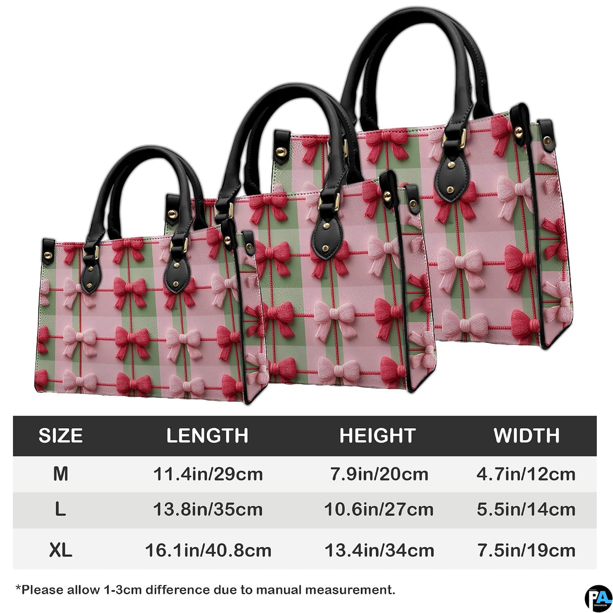Dimensional reference graphic showing item measurements across medium, large, and extra-large options