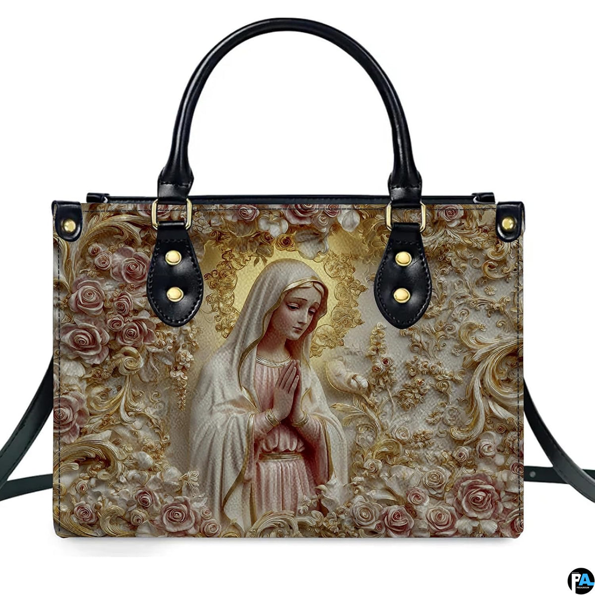 Side perspective of alabaster mary handbag showing structured black profile and curved top carrying handles.