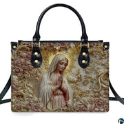 Side perspective of alabaster mary handbag showing structured black profile and curved top carrying handles.