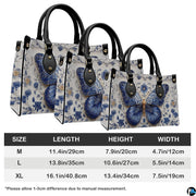 Measurement comparison graphic showing dimensional variations for floral butterfly handbag