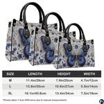 Measurement comparison graphic showing dimensional variations for floral butterfly handbag