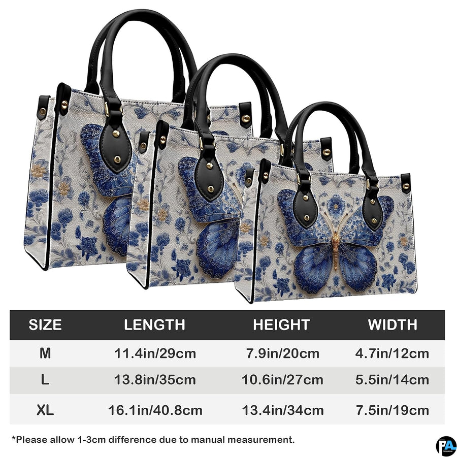 Measurement comparison graphic showing dimensional variations for floral butterfly handbag