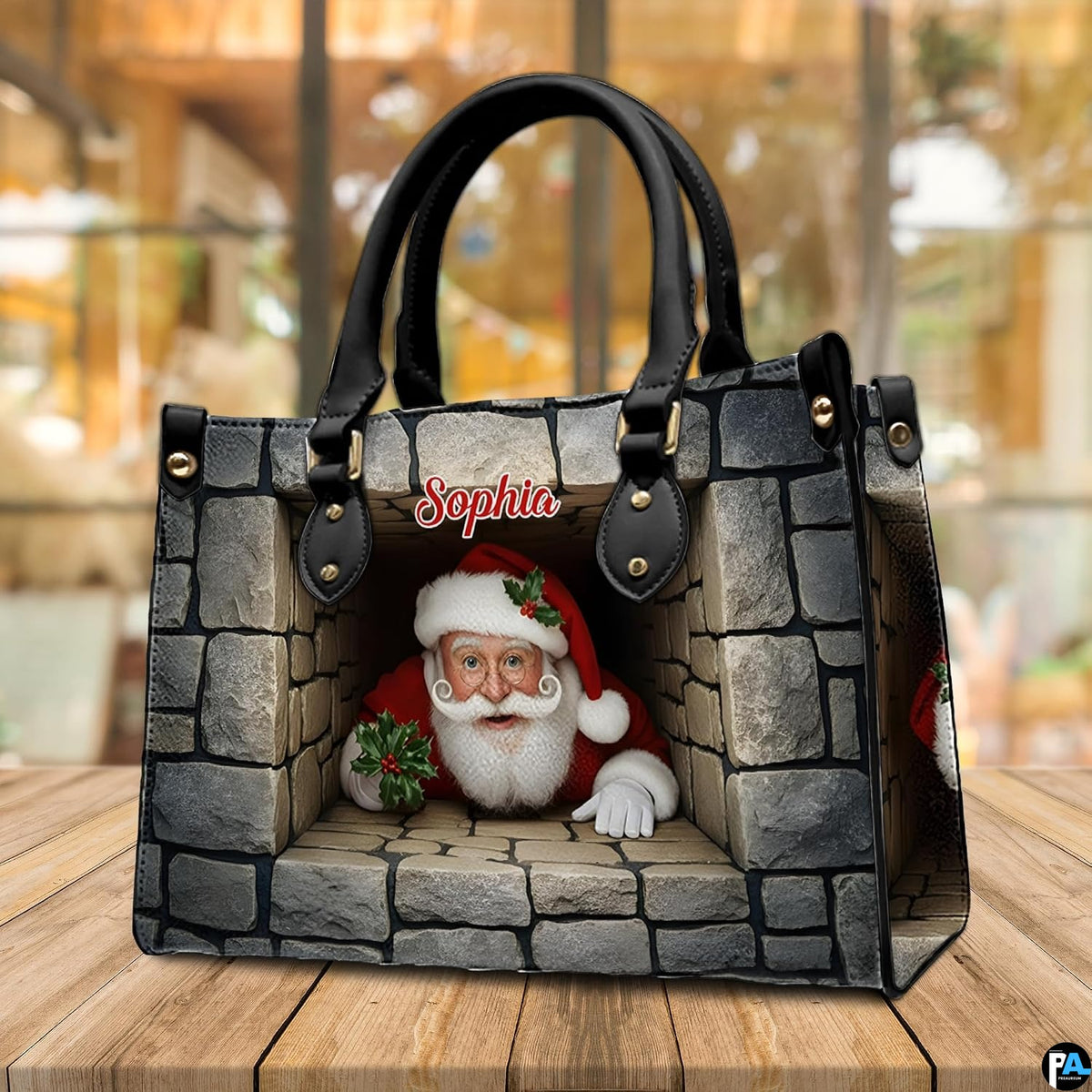 Holiday accessory displayed on a wooden surface against warm interior window illumination.
