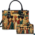 Black sisters painting presentation showing five women embracing in a sunflower grove alongside matching companion art.